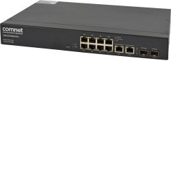 Example of Commercial Grade Managed Ethernet Switch: (8) 10/100TX Power Over Ethernet (PoE+) Ports + (2) 10/100/1000TX or 1000FX SFP Ports