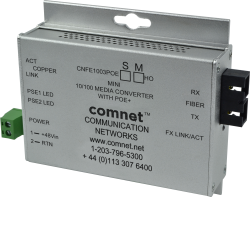 Example of 10/100 Mbps Ethernet 2 Port Media Converter Electrical to ST/SC/SFP* Optical with PoE+